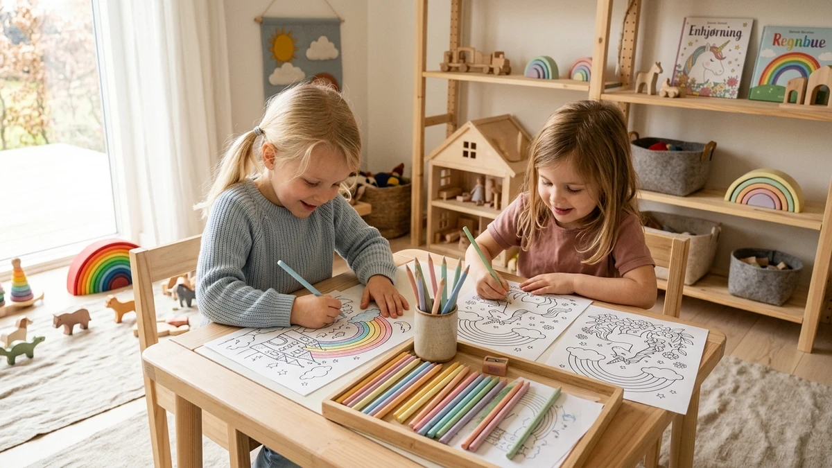 Barn som färglägger magiska enhörningar och regnbågar med pastellpennor vid ett pysselbord