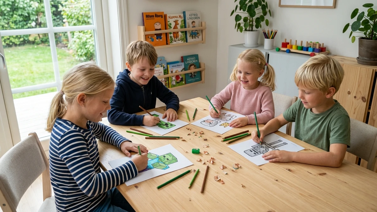 Svenska barn som färglägger Minecraft-målarbilder vid ett furubord